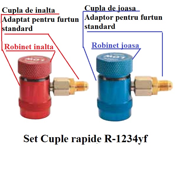 Sunt cuple pentru R-1234yf prevazute cu robinet in cap ,au adaptoare pentru furtunul standard , poti lucra cu o baterie normala dar sa ai presiunea de vaporizare si presiunea de condensare