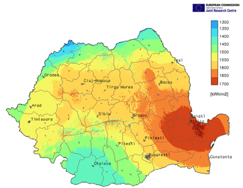 harta Romaniei pentru incidenta solara
